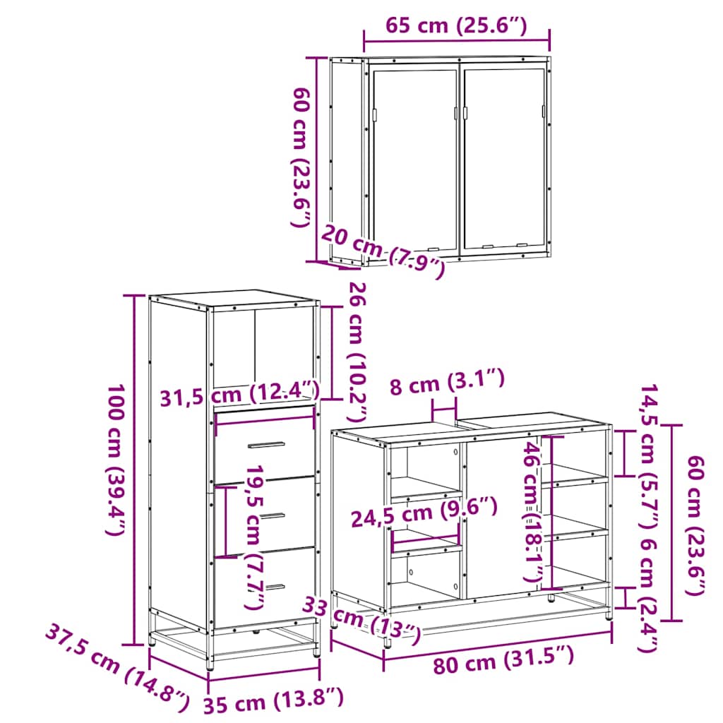 Set Mobili da Bagno 3 pz Rovere Sonoma in Legno Multistrato | homemem39