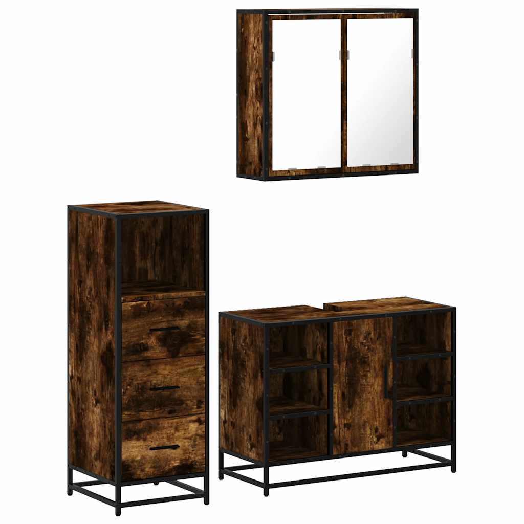 Set Mobili da Bagno 3 pz Rovere Fumo in Legno Multistrato | homemem39