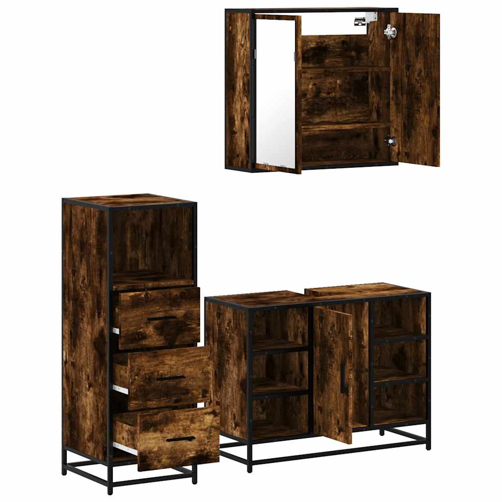 Set Mobili da Bagno 3 pz Rovere Fumo in Legno Multistrato | homemem39