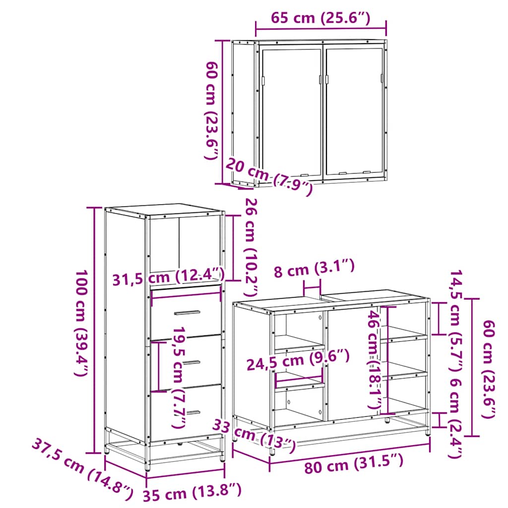Set Mobili da Bagno 3 pz Rovere Fumo in Legno Multistrato | homemem39