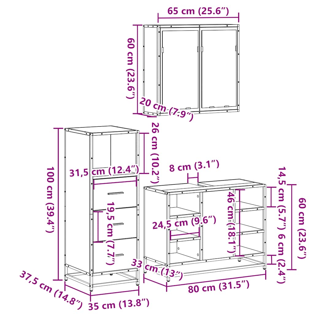 Set Mobili da Bagno 3 pz Grigio Sonoma in Legno Multistrato | homemem39