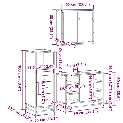 Set Mobili da Bagno 3 pz Grigio Sonoma in Legno Multistrato | homemem39