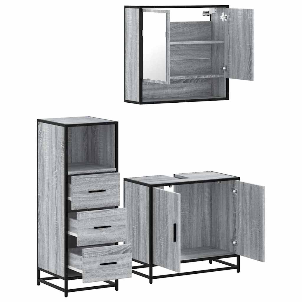 Set Mobili da Bagno 3 pz Grigio Sonoma in Legno Multistrato | homemem39