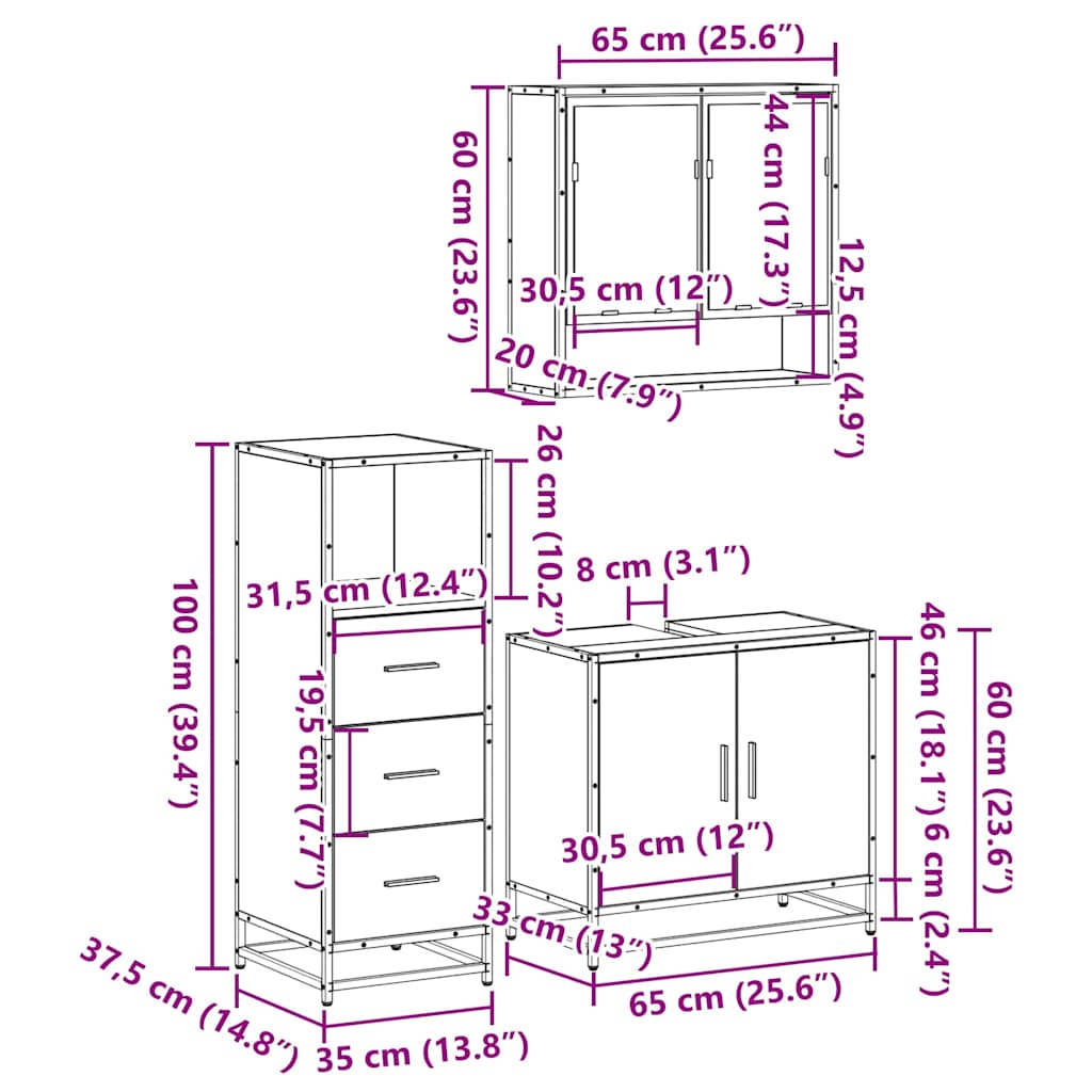 Set Mobili da Bagno 3 pz Grigio Sonoma in Legno Multistrato | homemem39