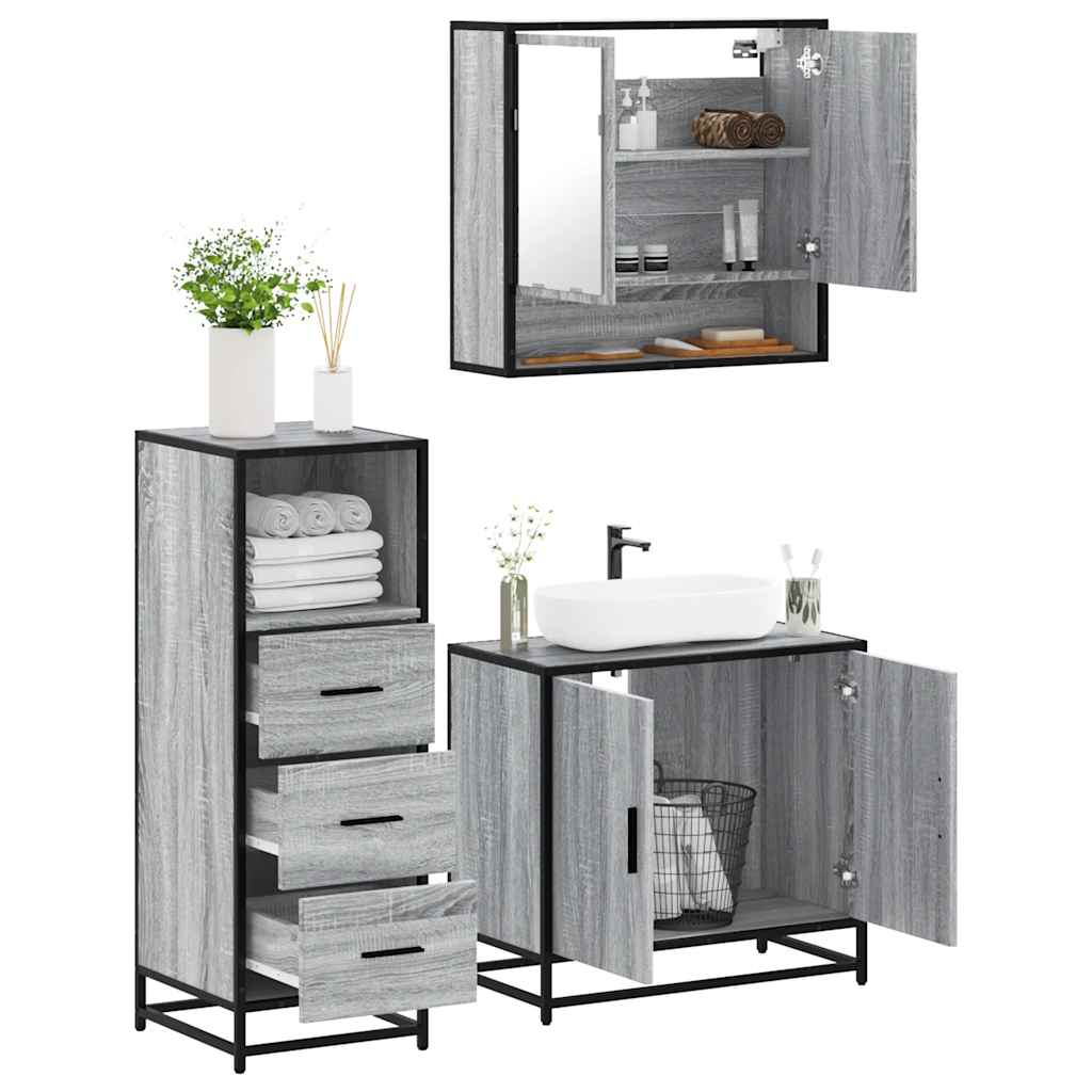Set Mobili da Bagno 3 pz Grigio Sonoma in Legno Multistrato | homemem39