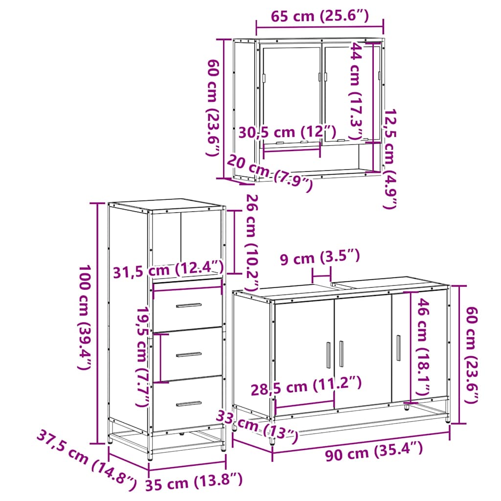 Set Mobili da Bagno 3 pz Rovere Sonoma in Legno Multistrato | homemem39
