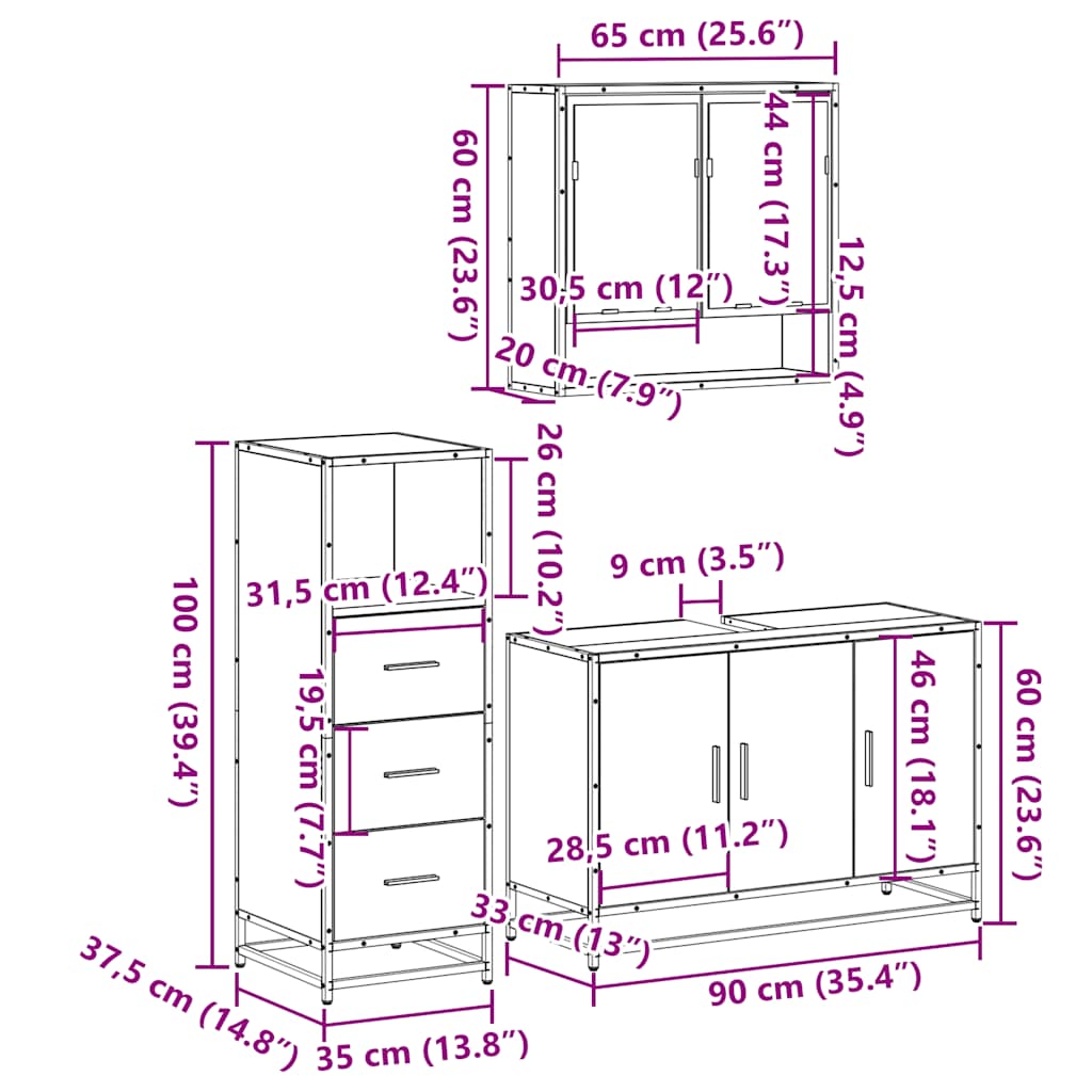 Set Mobili da Bagno 3 pz Grigio Sonoma in Legno Multistrato | homemem39