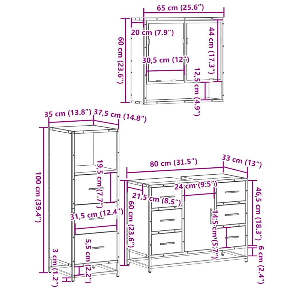 Set Mobili da Bagno 3 pz Rovere Sonoma in Legno Multistrato | homemem39