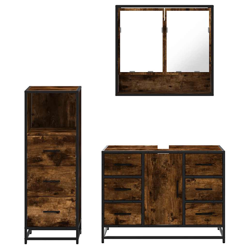 Set Mobili da Bagno 3 pz Rovere Fumo in Legno Multistrato