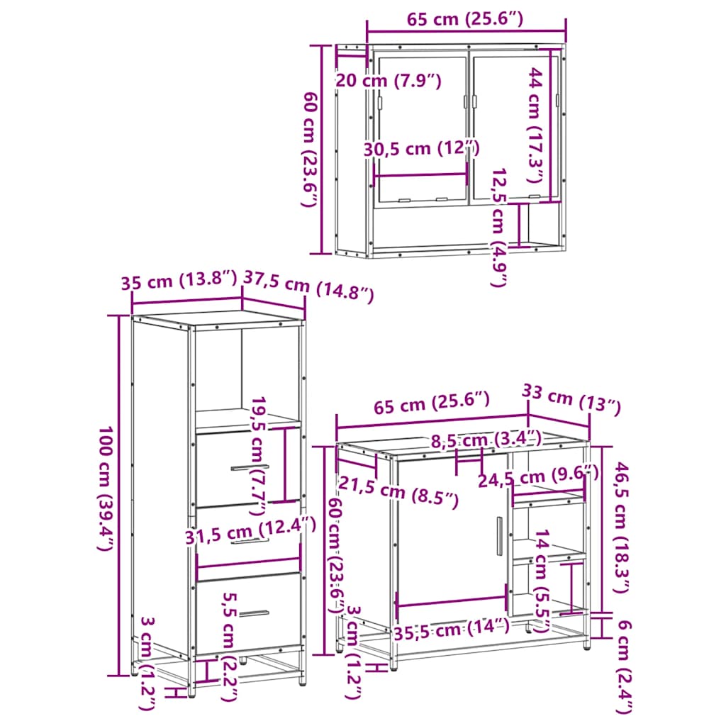Set Mobili da Bagno 3 pz Rovere Sonoma in Legno Multistrato | homemem39