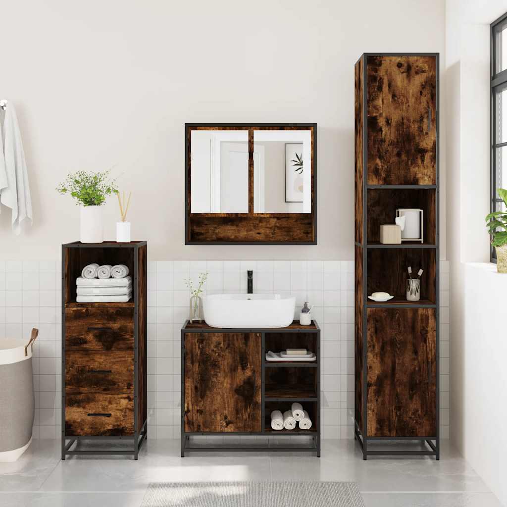 Set Mobili da Bagno 3 pz Rovere Fumo in Legno Multistrato
