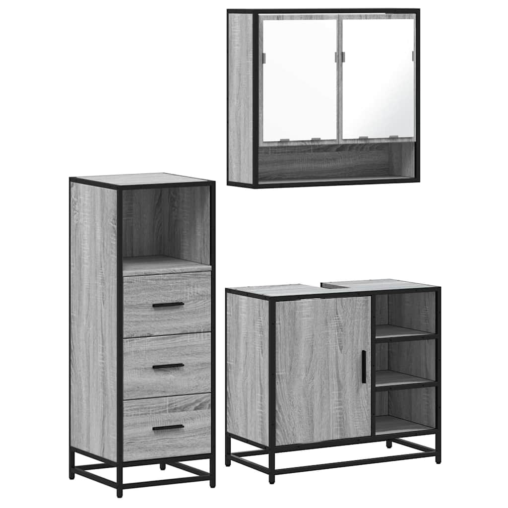 Set Mobili da Bagno 3 pz Grigio Sonoma in Legno Multistrato | homemem39