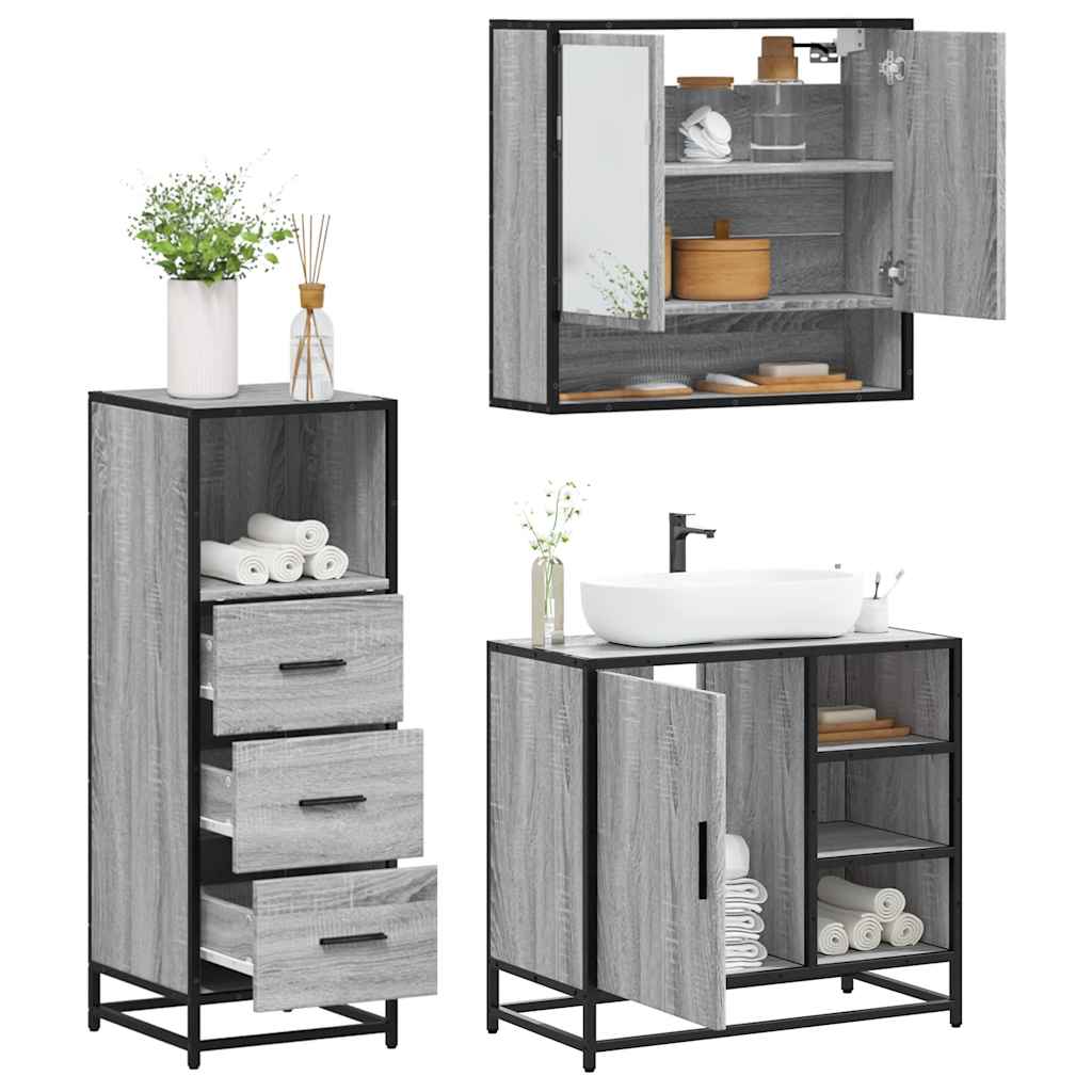 Set Mobili da Bagno 3 pz Grigio Sonoma in Legno Multistrato | homemem39