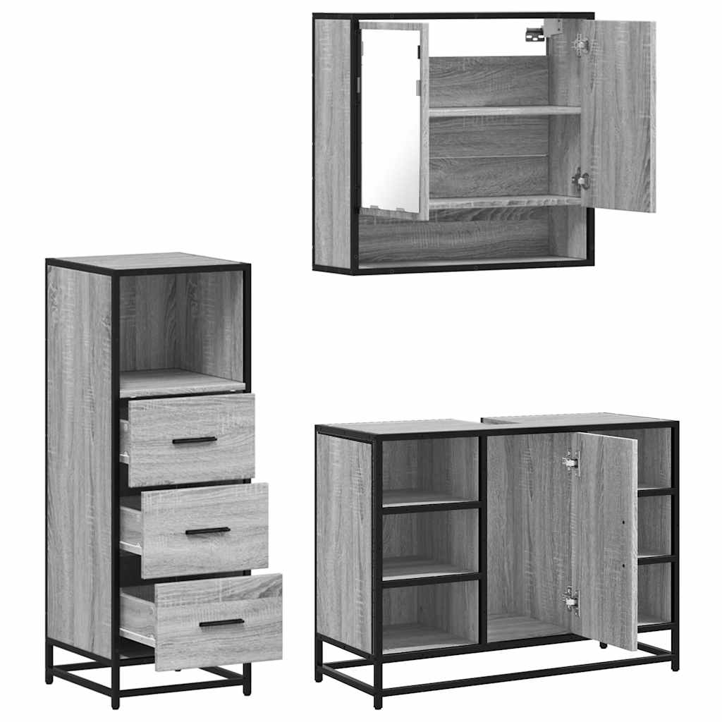 Set Mobili da Bagno 3 pz Grigio Sonoma in Legno Multistrato | homemem39