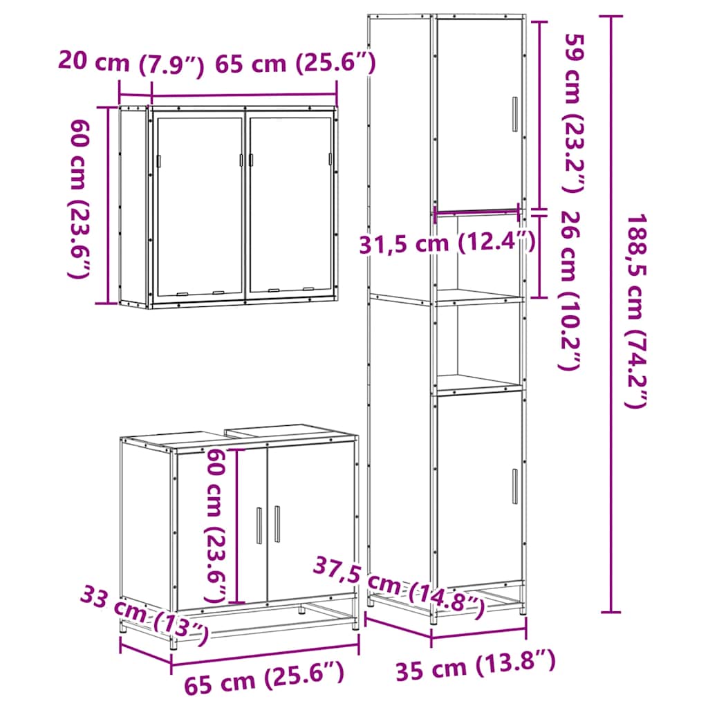 Set Mobili da Bagno 3 pz Rovere Fumo in Legno Multistrato | homemem39