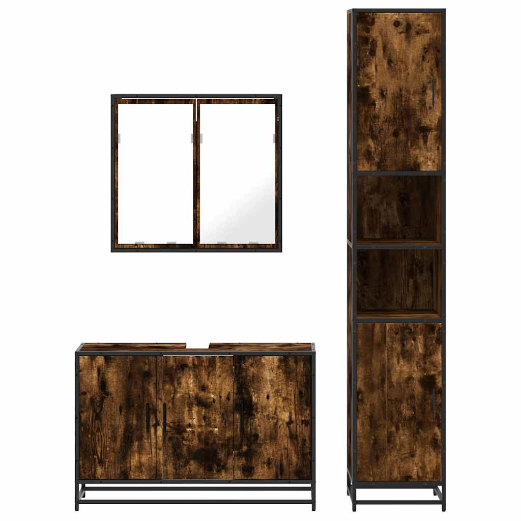 Set Mobili da Bagno 3 pz Rovere Fumo in Legno Multistrato | homemem39