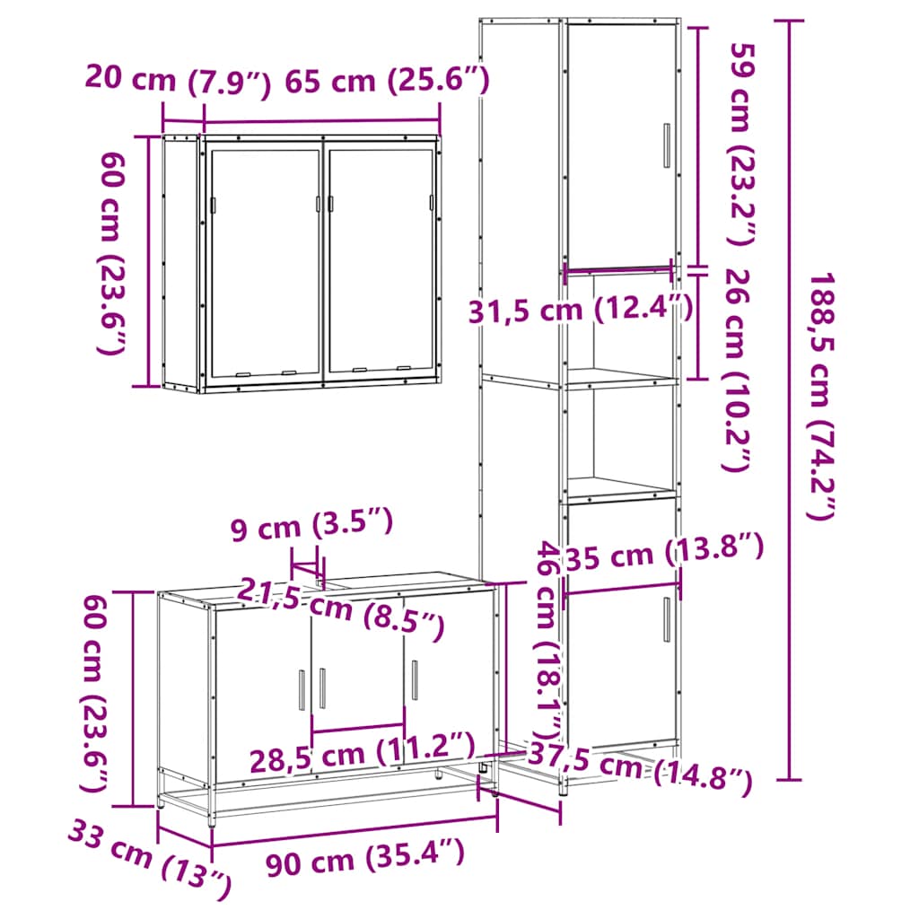 Set Mobili da Bagno 3 pz Rovere Fumo in Legno Multistrato | homemem39