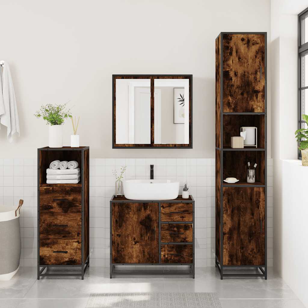Set Mobili da Bagno 3 pz Rovere Fumo in Legno Multistrato | homemem39