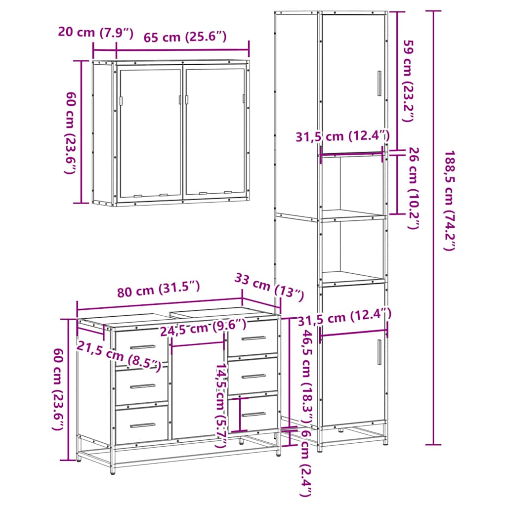 Set Mobili da Bagno 3 pz Rovere Sonoma in Legno Multistrato | homemem39