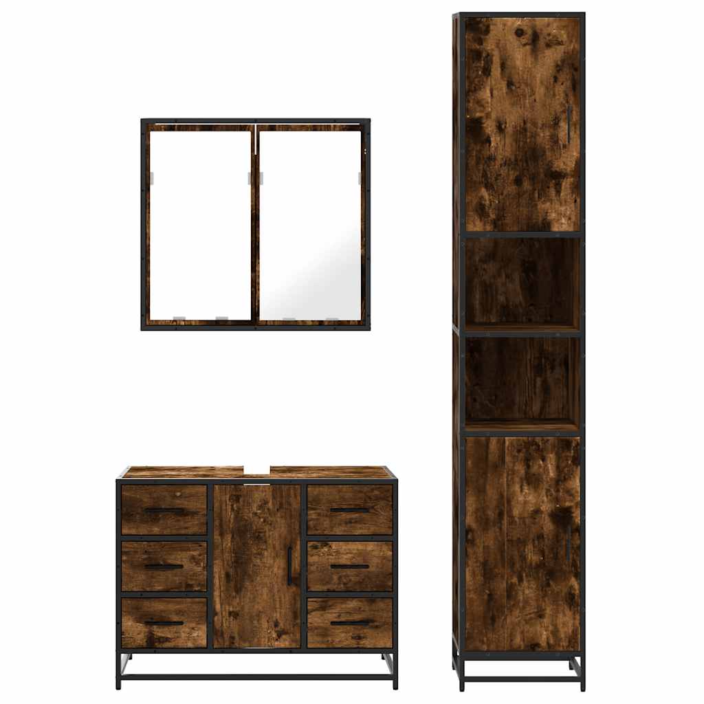 Set Mobili da Bagno 3 pz Rovere Fumo in Legno Multistrato | homemem39