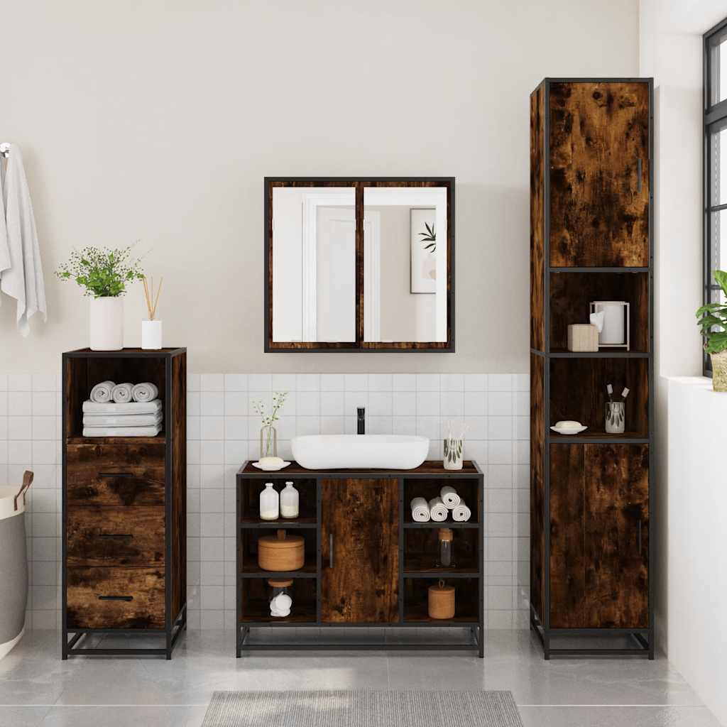Set Mobili da Bagno 3 pz Rovere Fumo in Legno Multistrato | homemem39