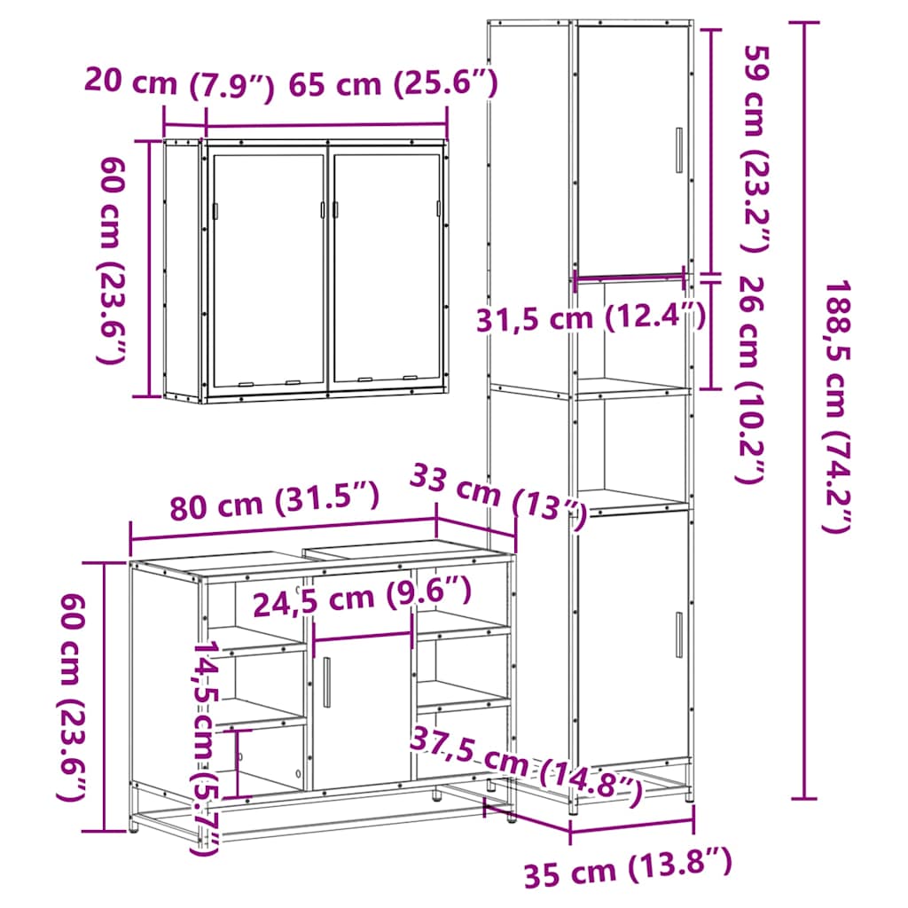 Set Mobili da Bagno 3 pz Rovere Fumo in Legno Multistrato | homemem39