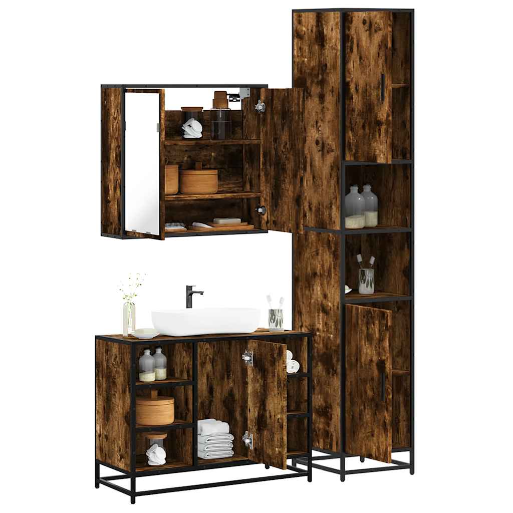Set Mobili da Bagno 3 pz Rovere Fumo in Legno Multistrato | homemem39