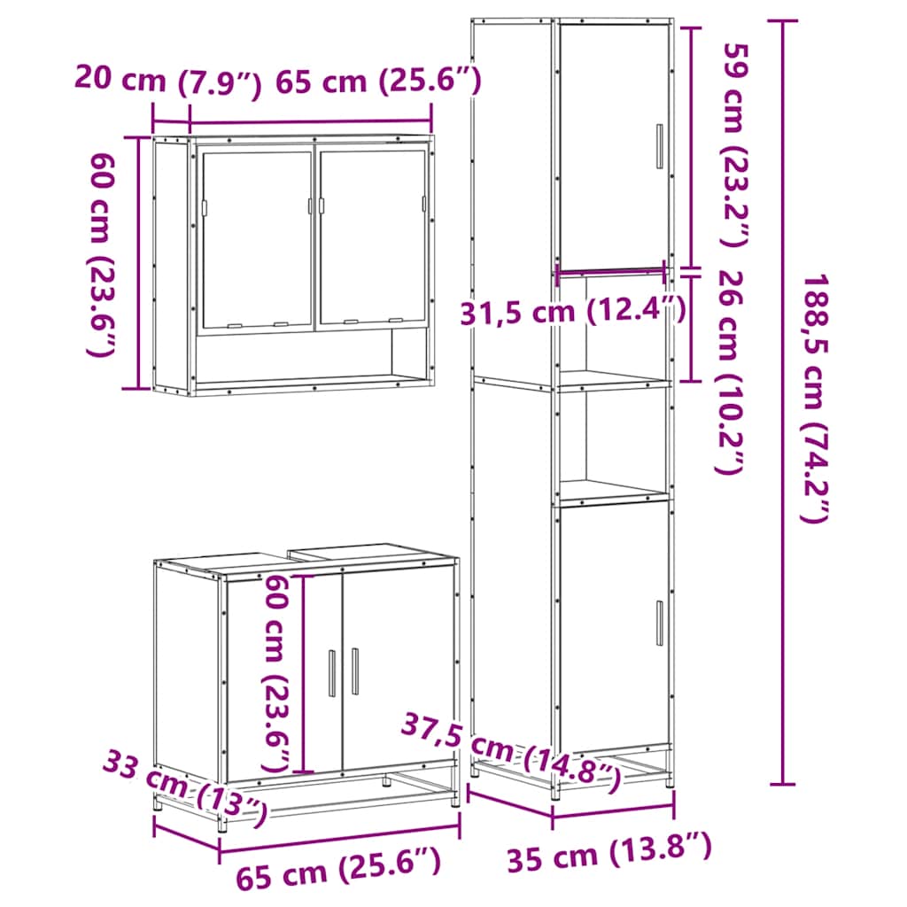 Set Mobili da Bagno 3 pz Rovere Sonoma in Legno Multistrato | homemem39