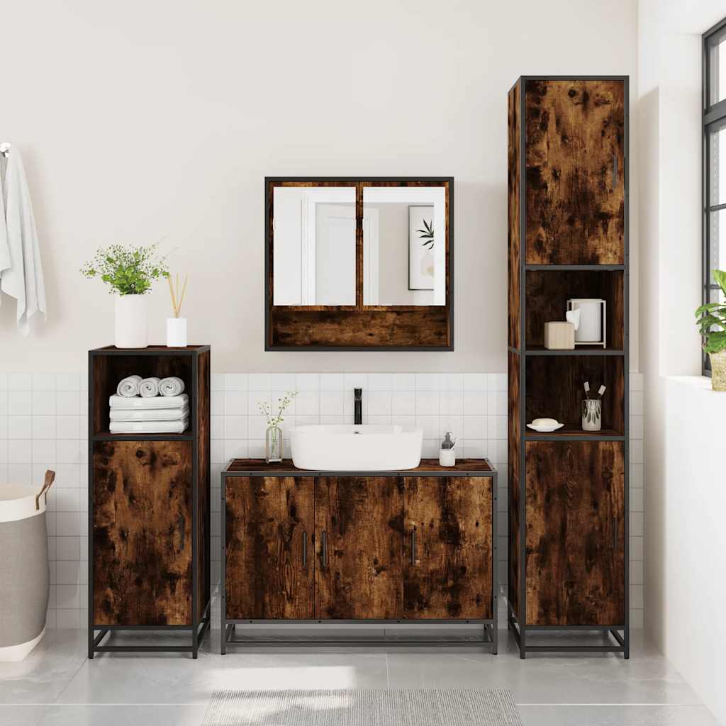 Set Mobili da Bagno 3 pz Rovere Fumo in Legno Multistrato