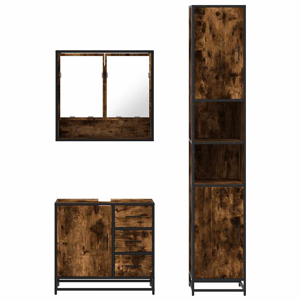 Set Mobili da Bagno 3 pz Rovere Fumo in Legno Multistrato