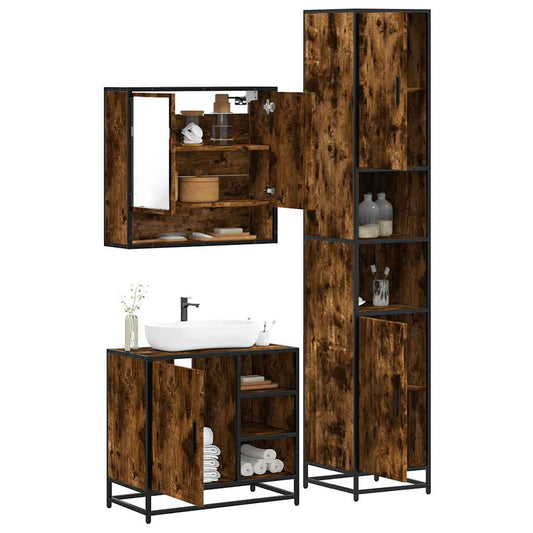 Set Mobili da Bagno 3 pz Rovere Fumo in Legno Multistrato