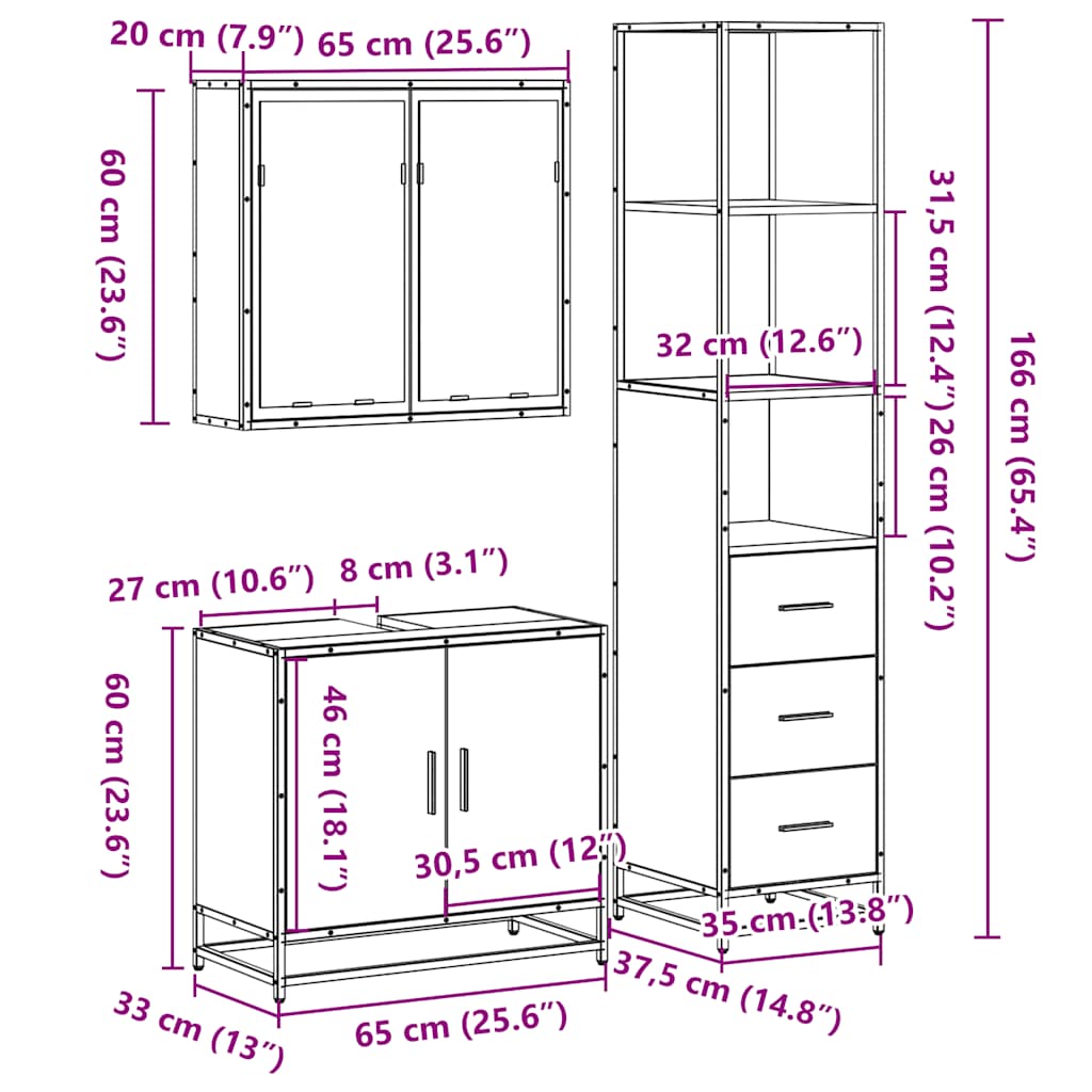 Set Mobili da Bagno 3 pz Rovere Sonoma in Legno Multistrato | homemem39