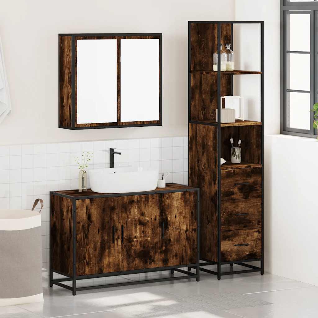 Set Mobili da Bagno 3 pz Rovere Fumo in Legno Multistrato | homemem39