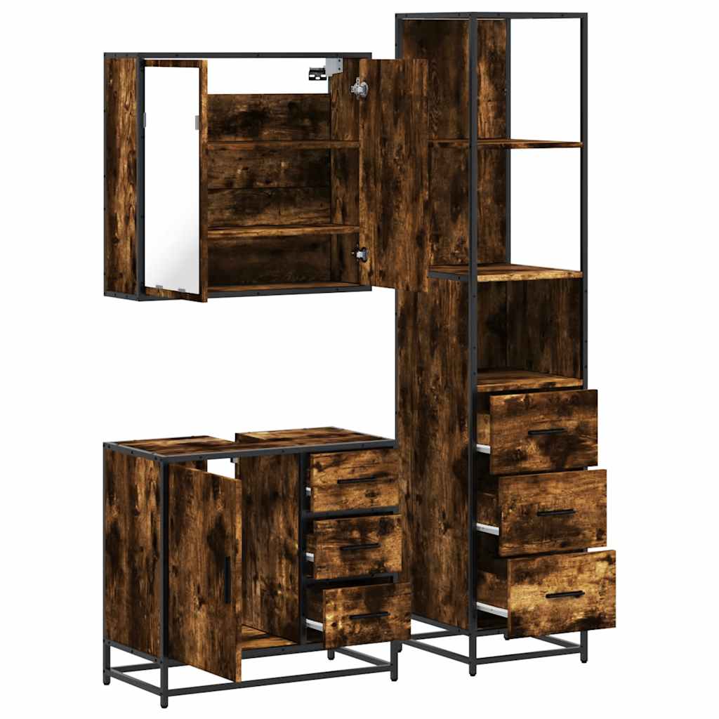 Set Mobili da Bagno 3 pz Rovere Fumo in Legno Multistrato | homemem39
