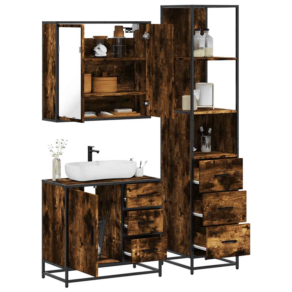 Set Mobili da Bagno 3 pz Rovere Fumo in Legno Multistrato | homemem39