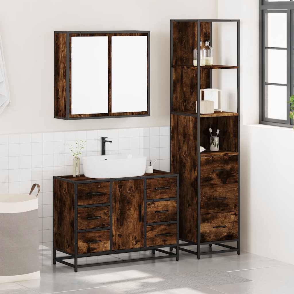 Set Mobili da Bagno 3 pz Rovere Fumo in Legno Multistrato | homemem39