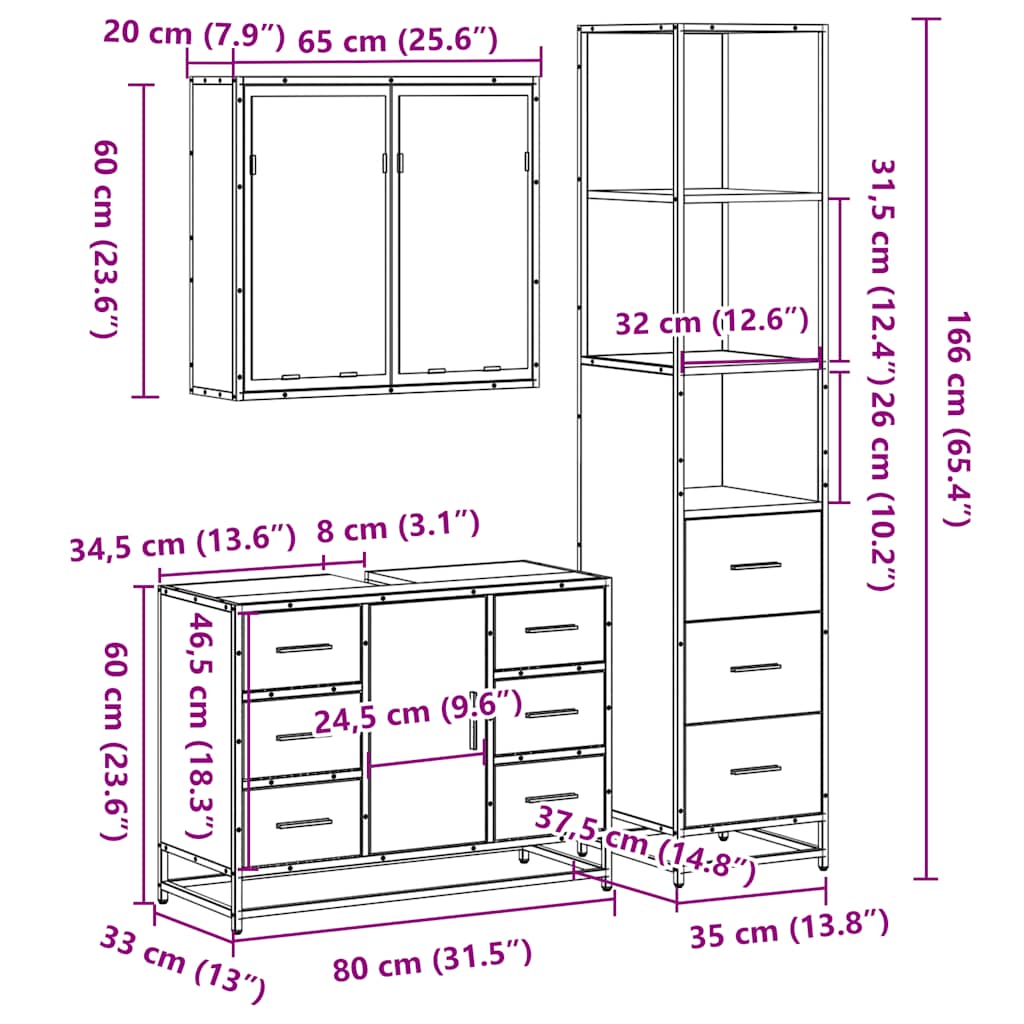 Set Mobili da Bagno 3 pz Rovere Fumo in Legno Multistrato | homemem39