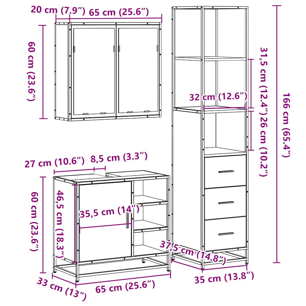 Set Mobili da Bagno 3 pz Rovere Sonoma in Legno Multistrato | homemem39