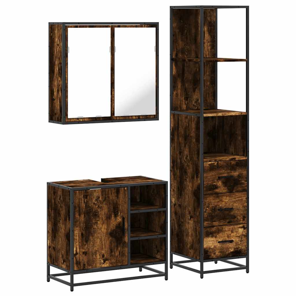 Set Mobili da Bagno 3 pz Rovere Fumo in Legno Multistrato | homemem39