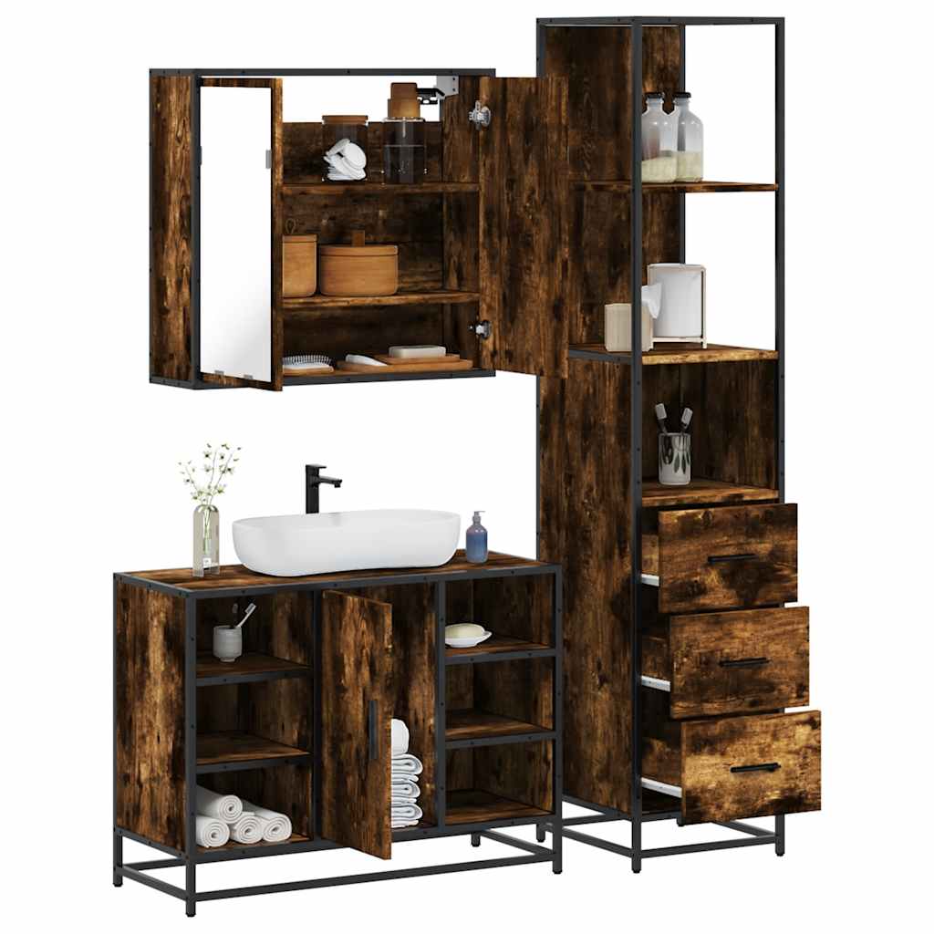 Set Mobili da Bagno 3 pz Rovere Fumo in Legno Multistrato | homemem39