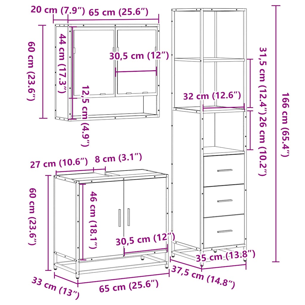 Set Mobili da Bagno 3 pz Rovere Sonoma in Legno Multistrato | homemem39