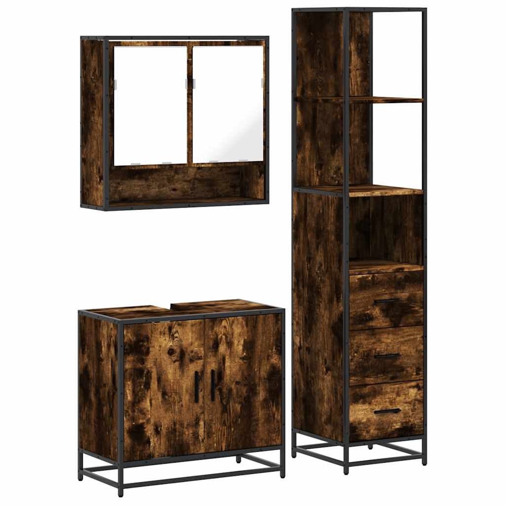 Set Mobili da Bagno 3 pz Rovere Fumo in Legno Multistrato | homemem39