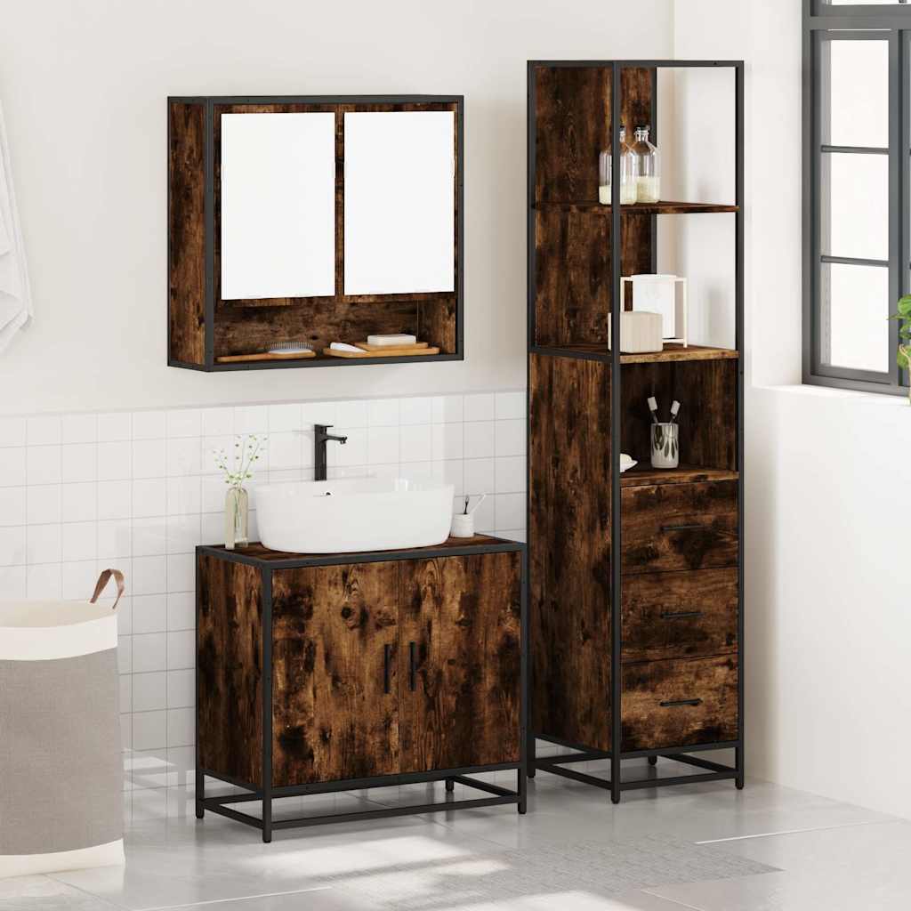 Set Mobili da Bagno 3 pz Rovere Fumo in Legno Multistrato | homemem39