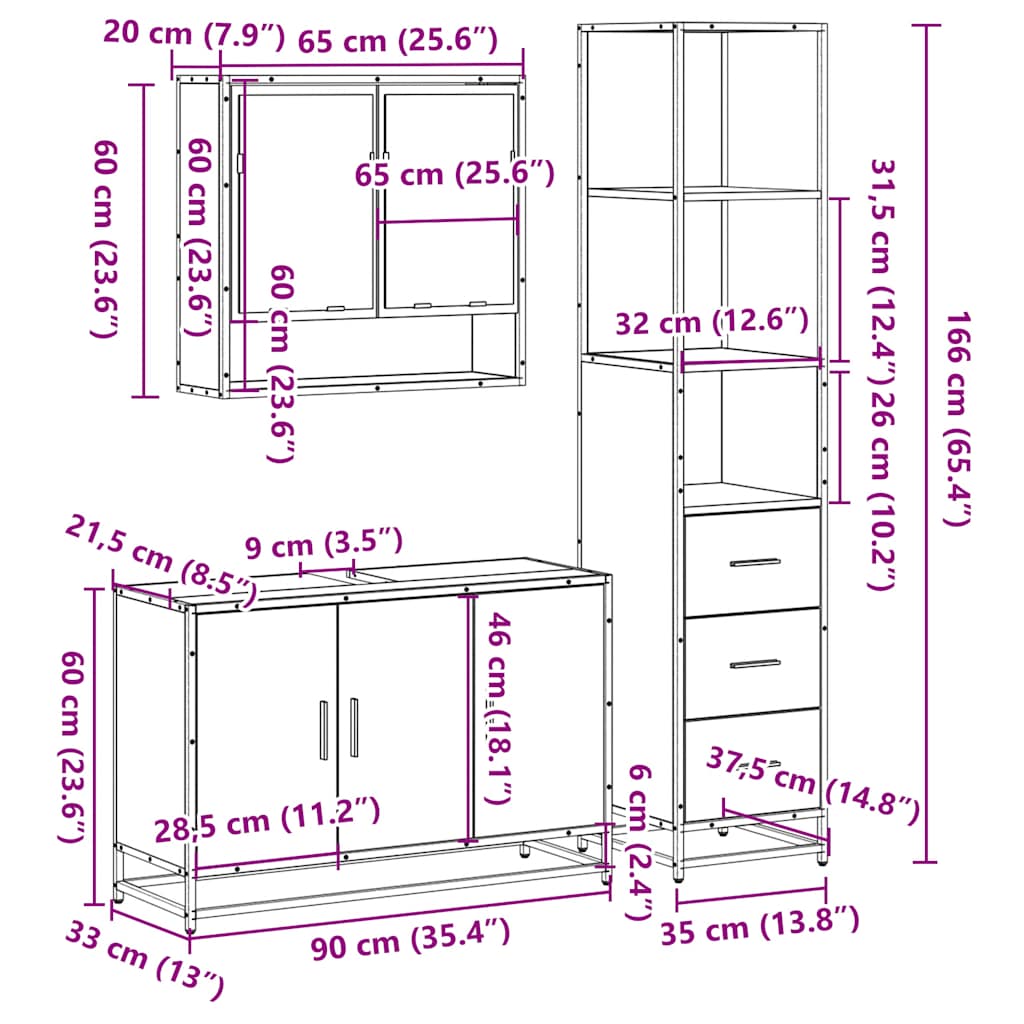 Set Mobili da Bagno 3 pz Rovere Sonoma in Legno Multistrato | homemem39