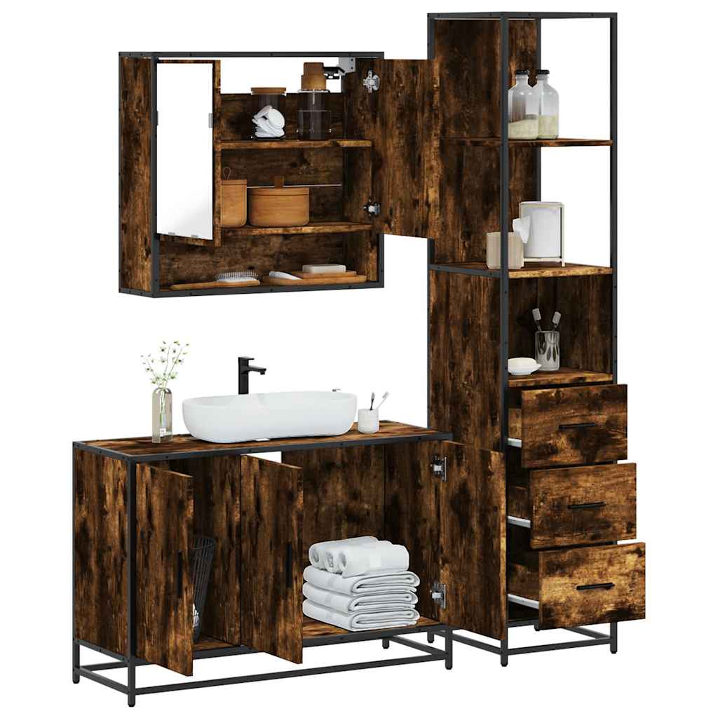 Set Mobili da Bagno 3 pz Rovere Fumo in Legno Multistrato | homemem39