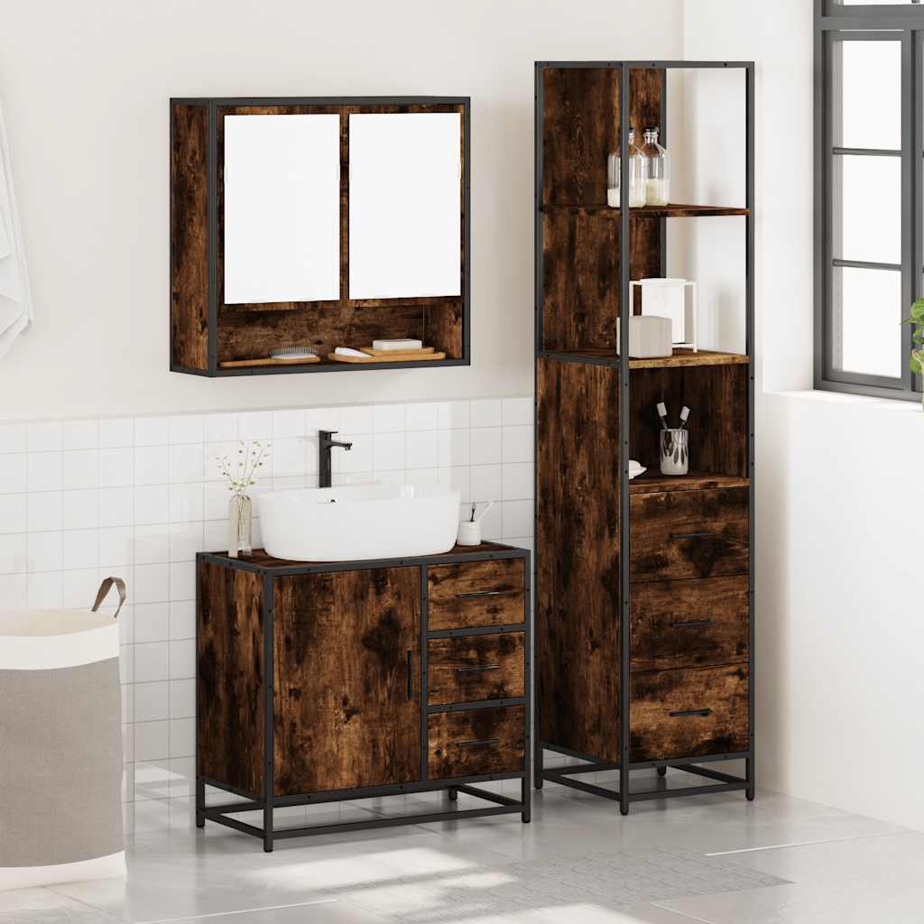 Set Mobili da Bagno 3 pz Rovere Fumo in Legno Multistrato | homemem39