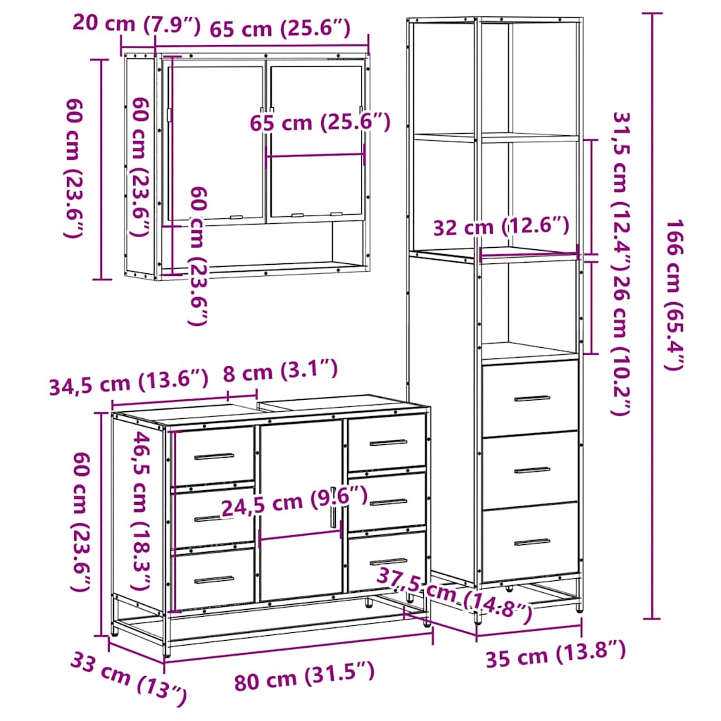 Set Mobili da Bagno 3 pz Rovere Sonoma in Legno Multistrato | homemem39