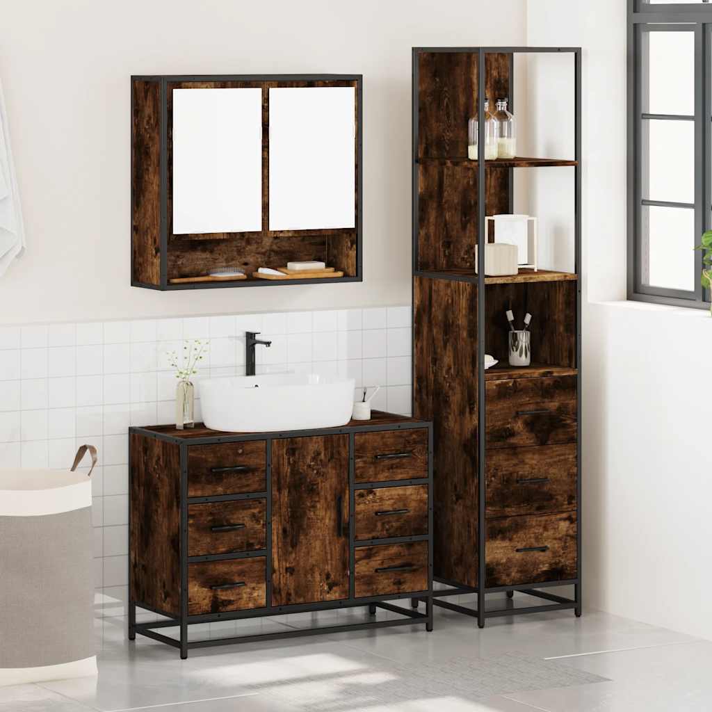 Set Mobili da Bagno 3 pz Rovere Fumo in Legno Multistrato | homemem39