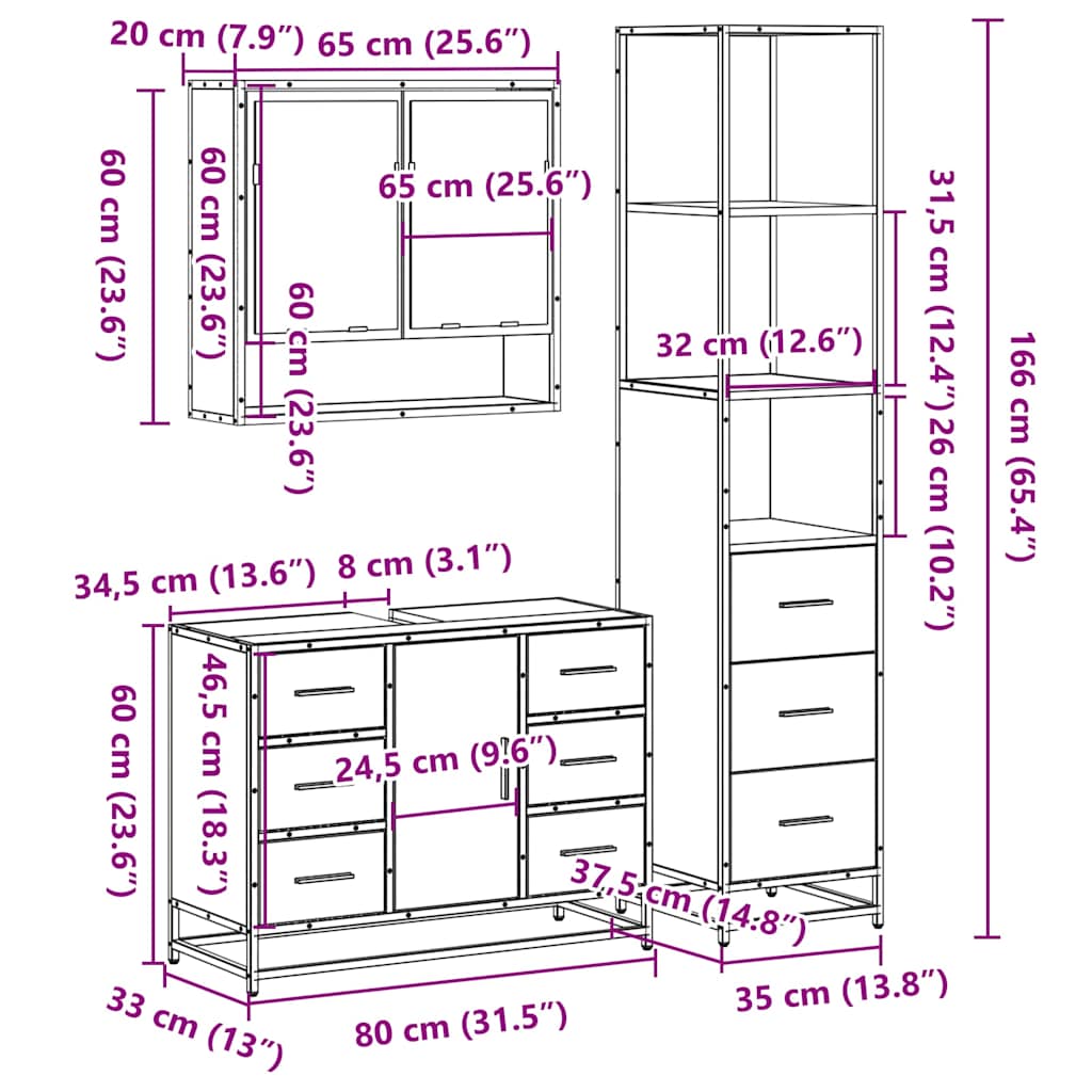 Set Mobili da Bagno 3 pz Rovere Fumo in Legno Multistrato | homemem39