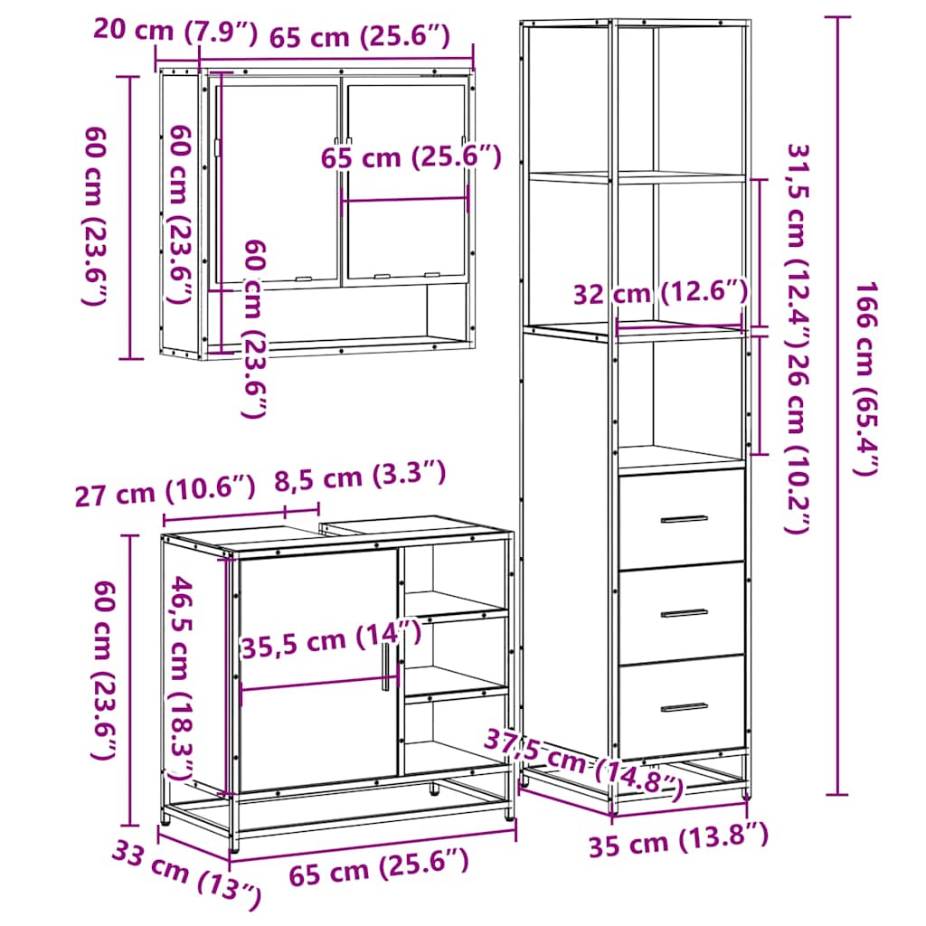 Set Mobili da Bagno 3 pz Rovere Sonoma in Legno Multistrato | homemem39